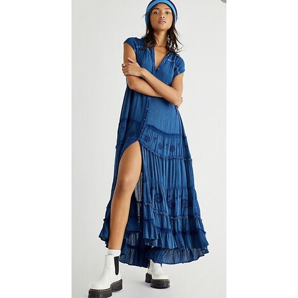 Free People Pretty Cozy Maxi Dress Buttondown Tiered Lace Embroidered XS 265211 - Picture 5 of 9